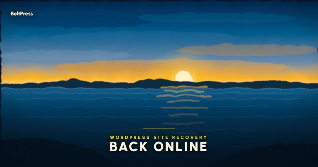 A new dawn breaking over a calm lake, illustrating a WordPress site coming back online after a broken update.