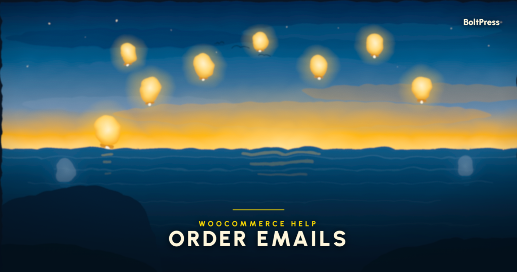 Warm paper lanterns rising over a calm dusk bay, with two drifting low and going dark, suggesting WooCommerce order emails that never arrived.