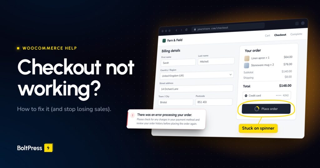 WooCommerce checkout with the Place order button stuck on a spinner, circled in yellow and labelled Stuck on spinner.
