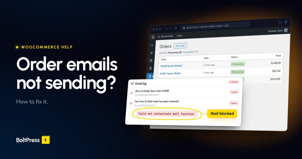 WooCommerce orders list beside an email log where all order emails failed, the mail error circled and labelled Mail blocked.